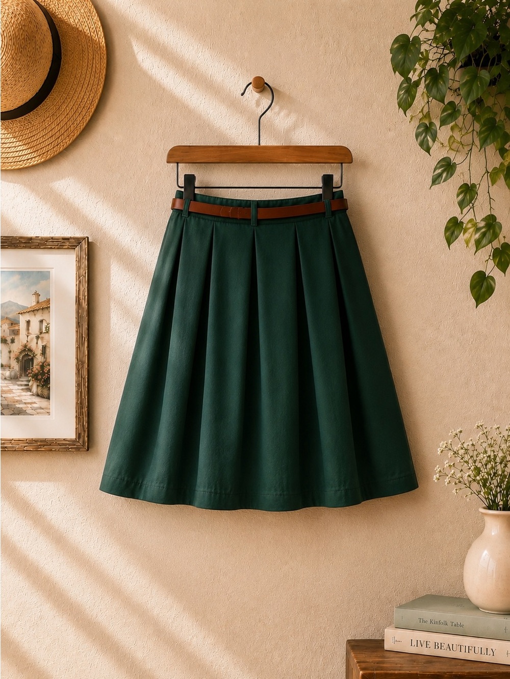 NWT High-Waist Button-Front Skater Skirt in Deep Green With Tan Belt Lined - Picture 4 of 8